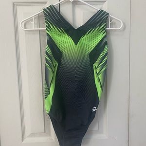 GK green and black leotard.